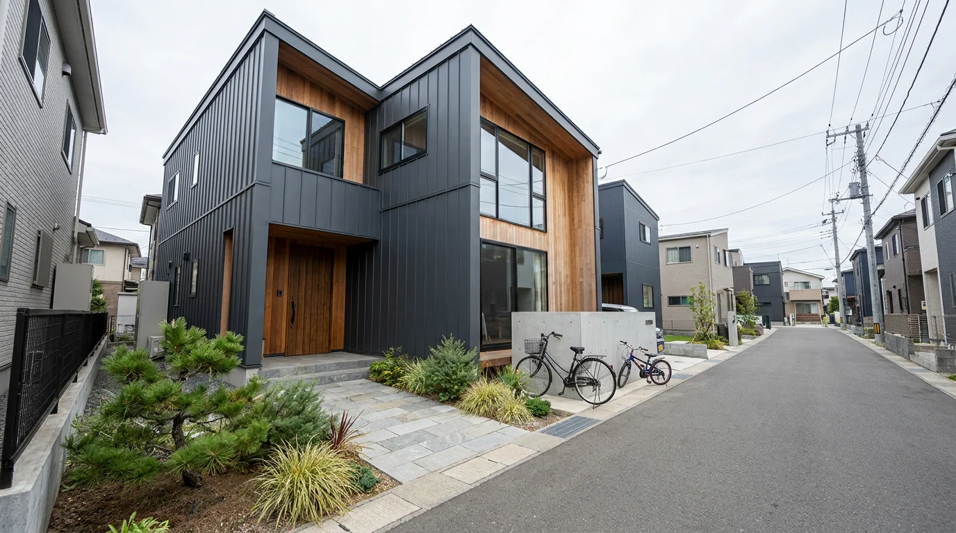 道路に面した新築一戸建ての外観と玄関前のアプローチ