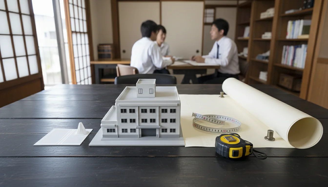 鍵と巻尺、筆記具を並べた物件調査の準備