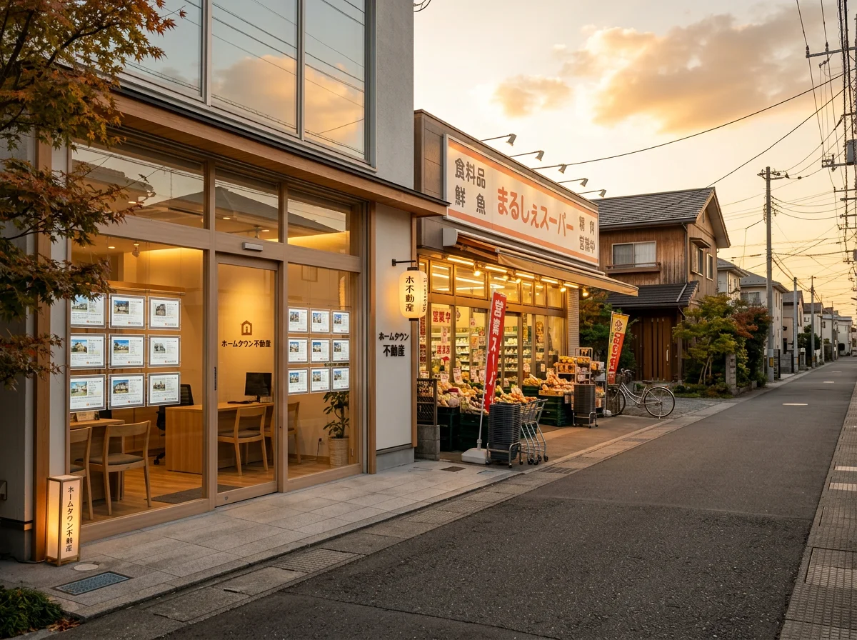 住宅地の近くにあるスーパーと歩道のある生活道路