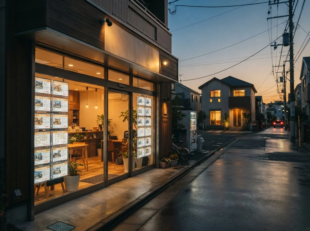 夕暮れの幹線道路と周辺の住宅地を離れた位置から見た景色